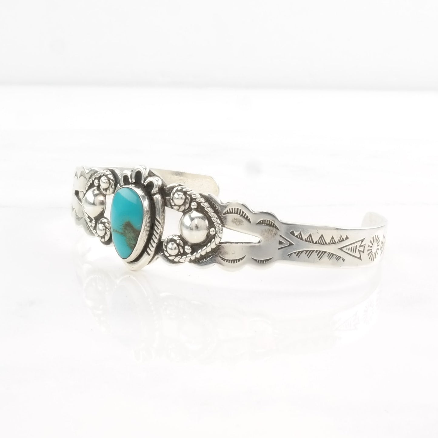 Vintage Cuff Bracelet Native American Sterling Silver Blue Turquoise Floral