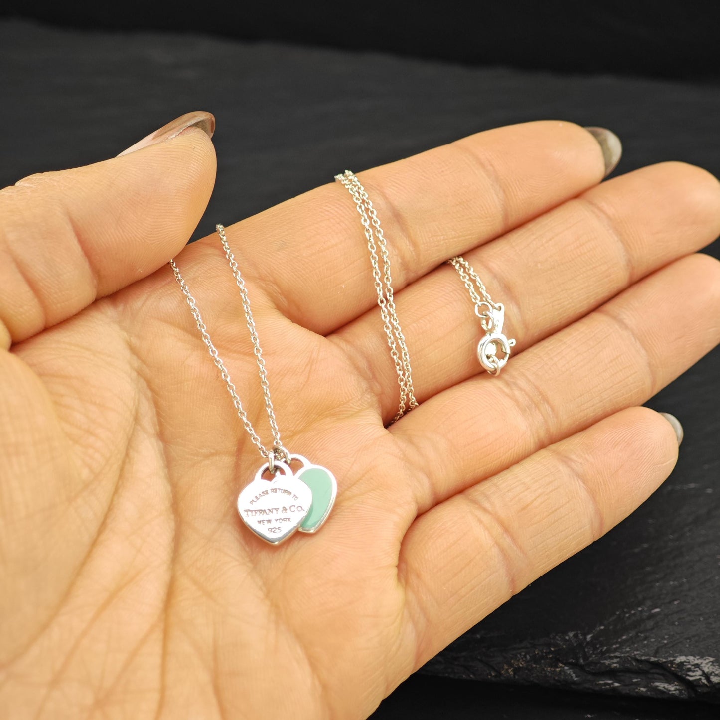 Vintage Tiffany Sterling Silver Teal Double Heart Enamel Necklace