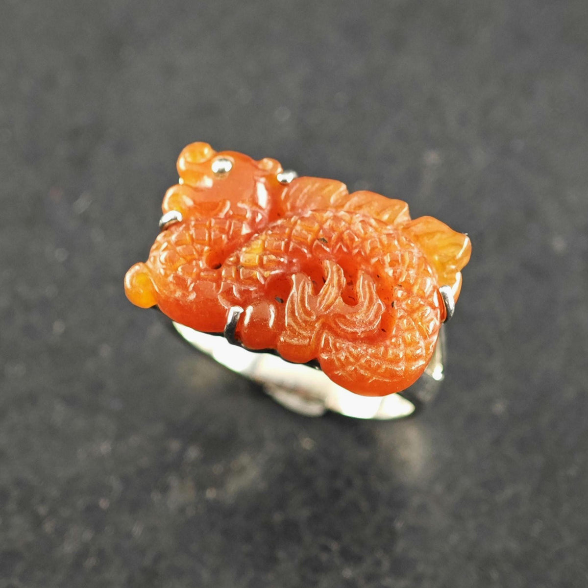 Carved Carnelian Chinese Dragon Sterling Silver Ring Sz 9 R6853