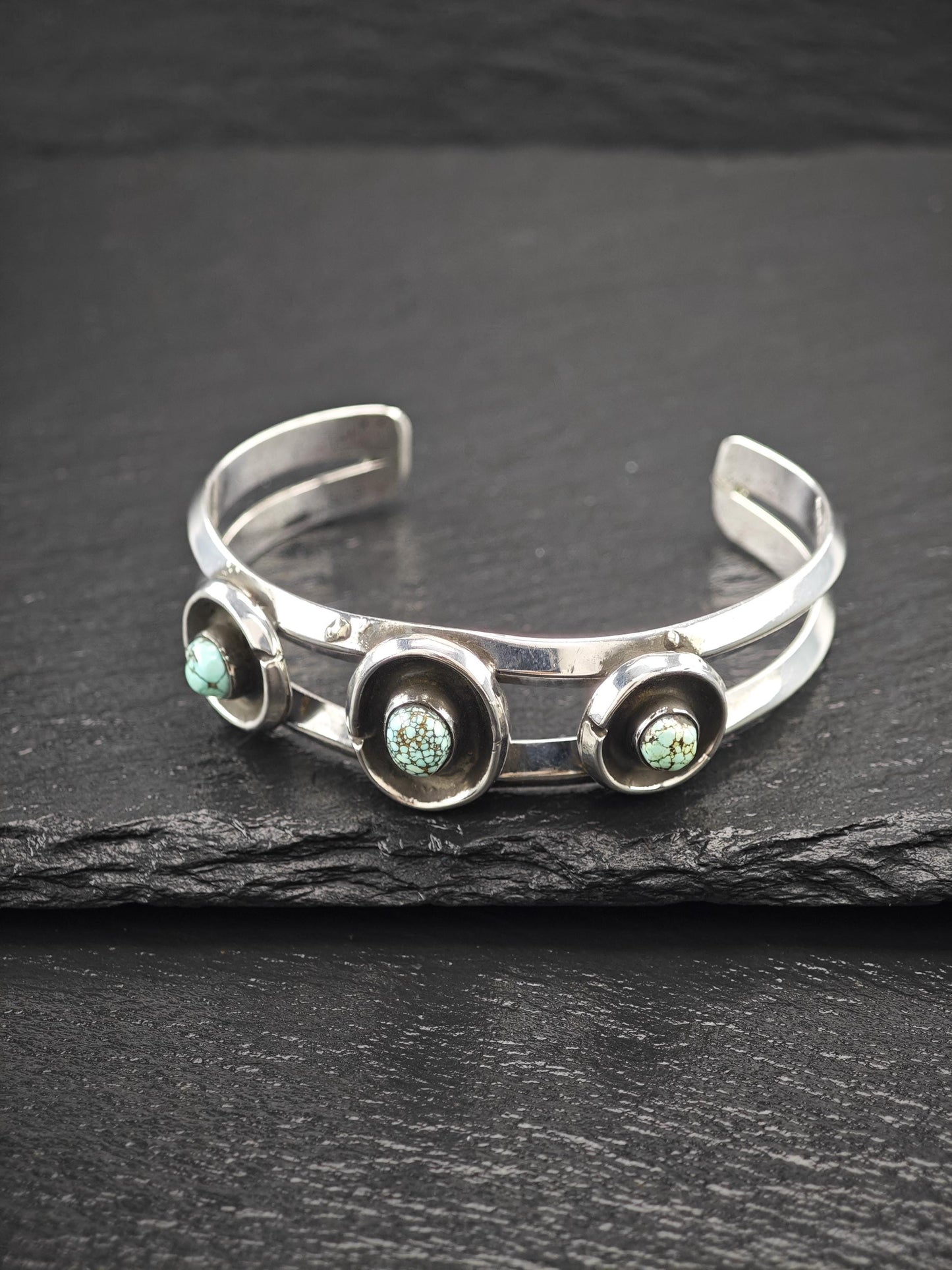 Native American Number Eight Turquoise, Shadow Box Cuff Bracelet Sterling Silver