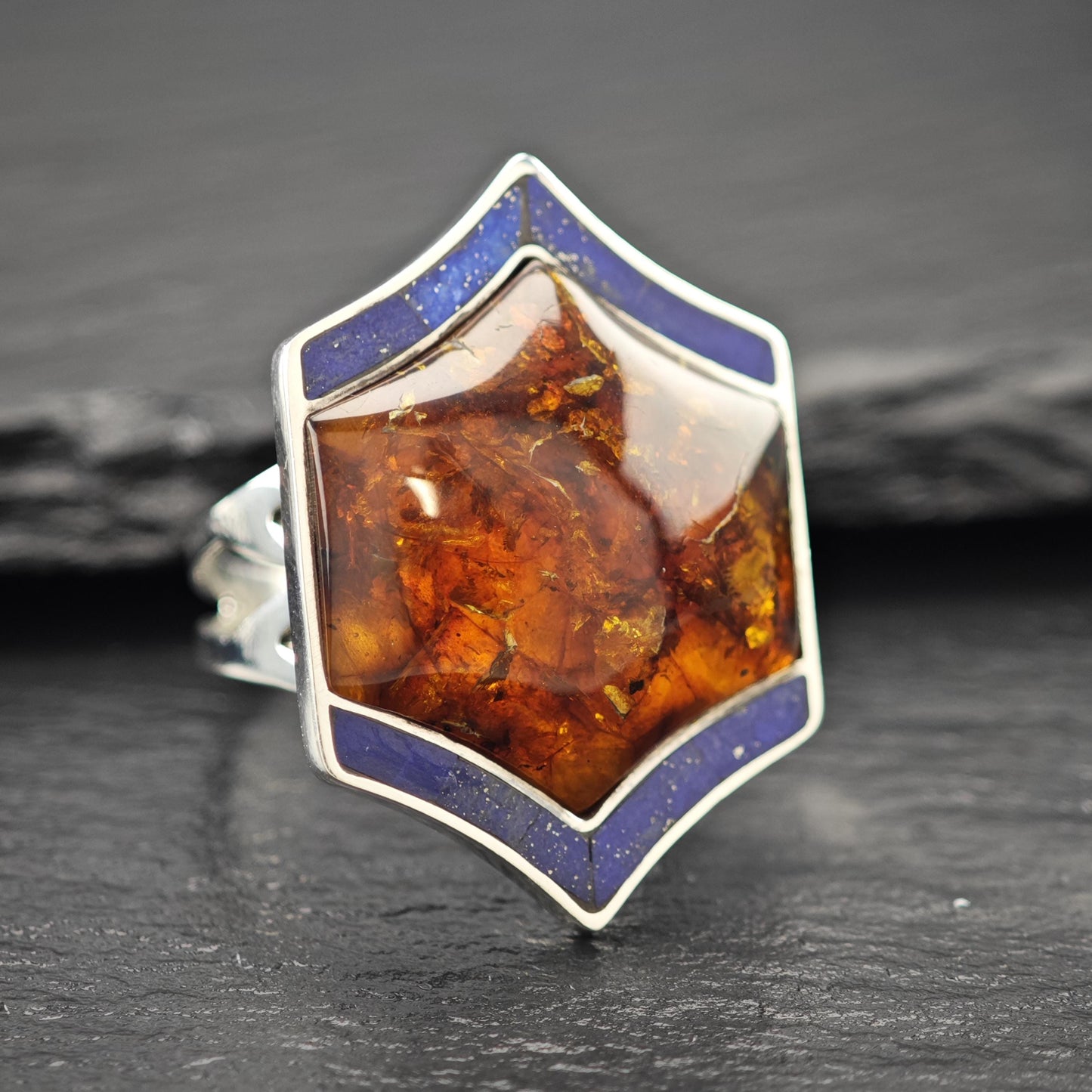 Amber and Lapis Ring Sterling Silver Size 9 R5957