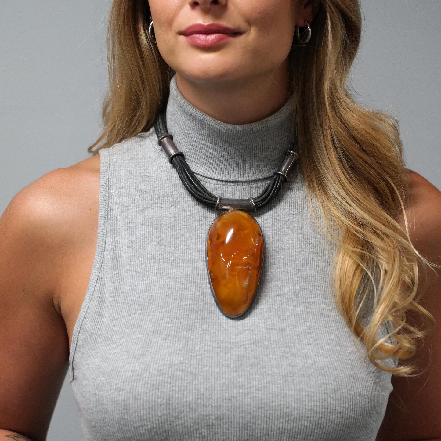 Enormous Natural Baltic Amber Pendant Leather Cord Sterling Silver Necklace N1438