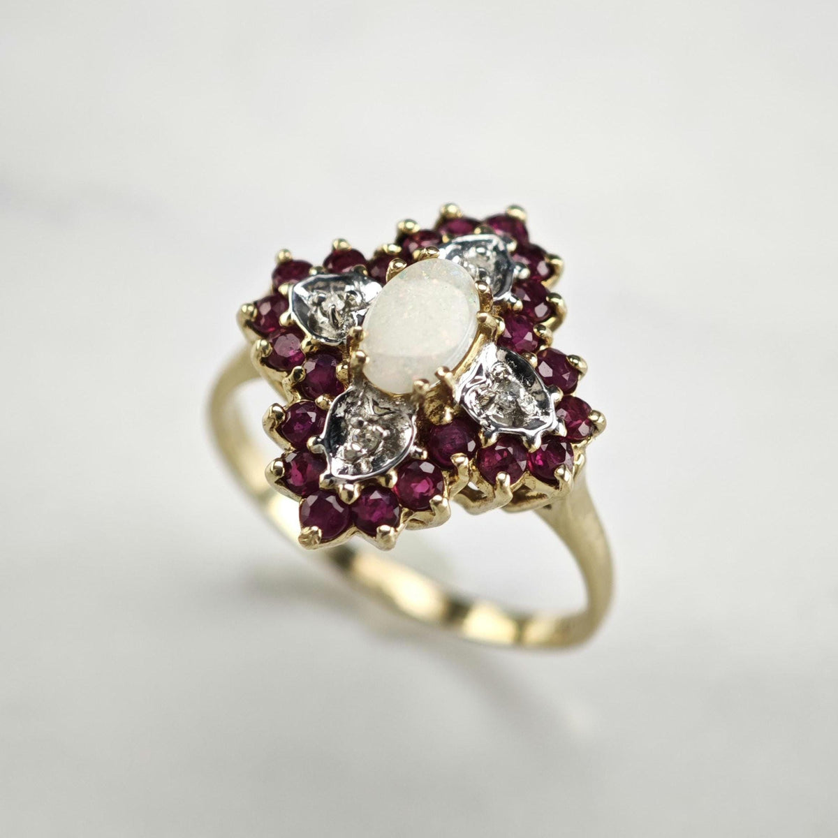 Natural Opal Ruby Diamond 10K Gold Ring Sz 7 R6772