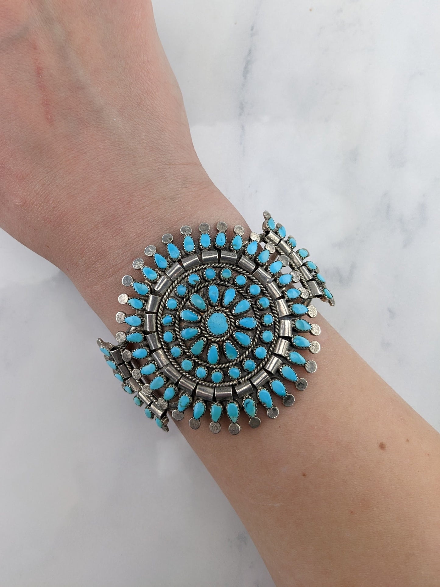 Native American Zuni Sterling Silver Cuff Bracelet Blue Turquoise Cluster
