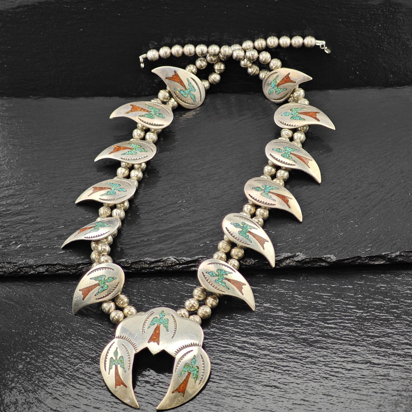 Navajo Turquoise Coral Chip Inlay Peyote Bird Squash Blossom Necklace Sterling Silver N2662