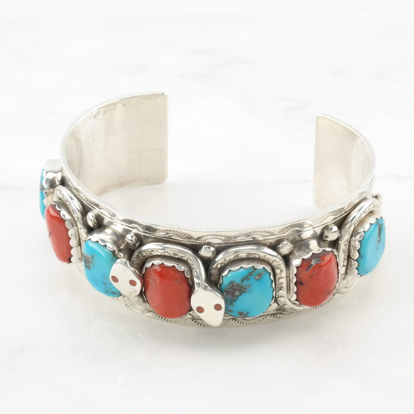 Zuni Snake Cuff Bracelet Native American Sterling Silver Sleeping Beauty Turquoise Mediterranean Coral