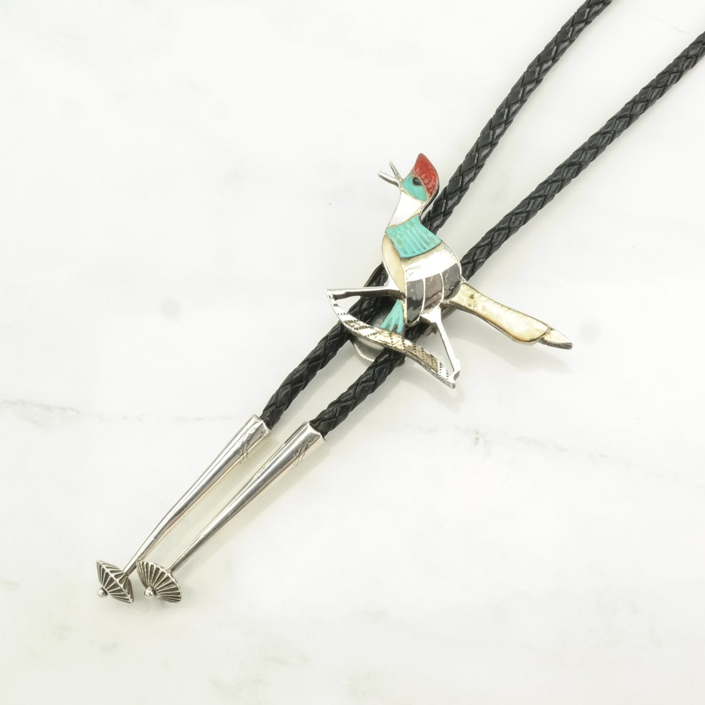 Zuni Inlay Bolo Tie Roadrunner Native American Sterling Silver Turquoise Coral Necklace