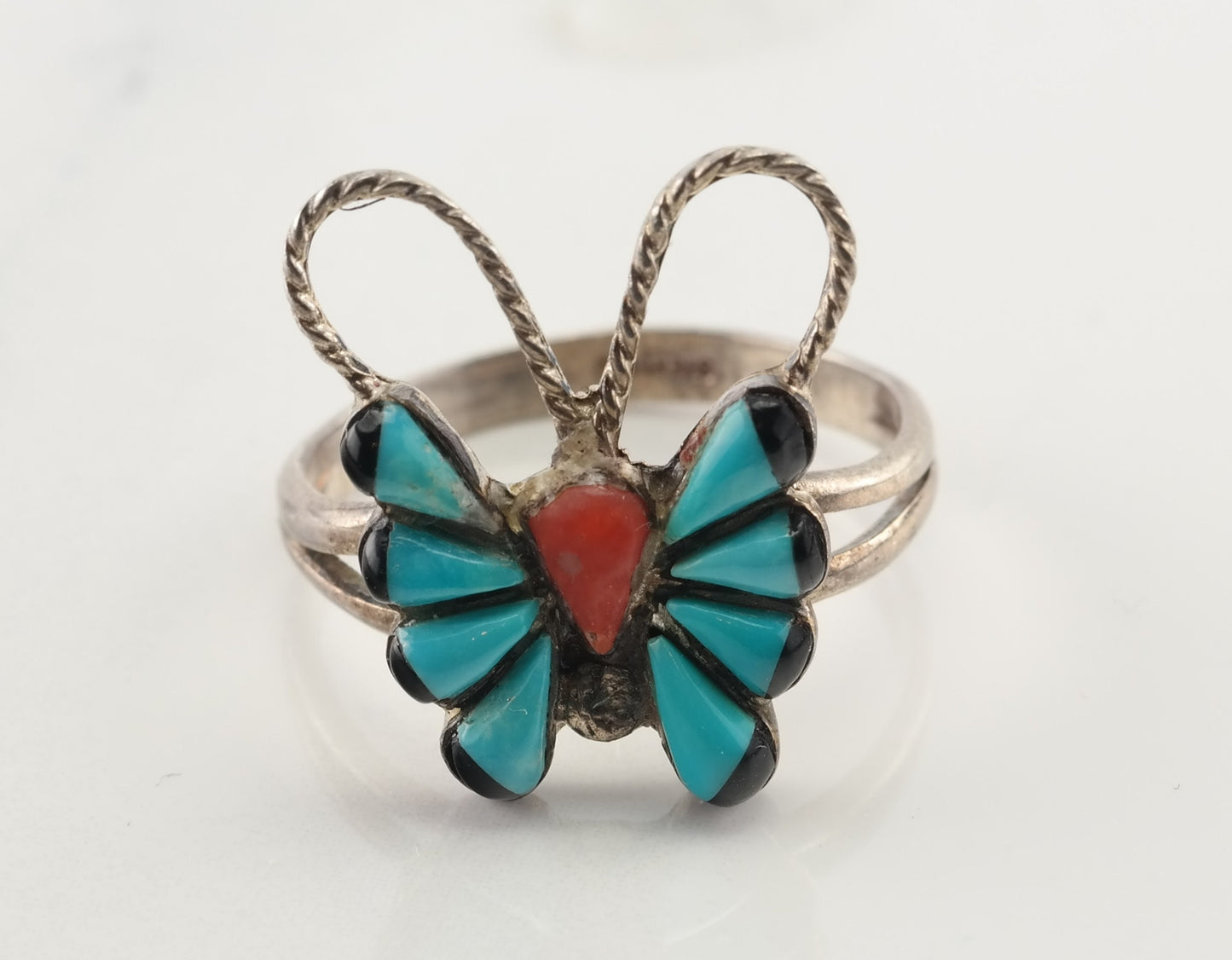 Southwest Silver Ring Inlay Butterfly Sterling Blue, Orange Size 8 3/4