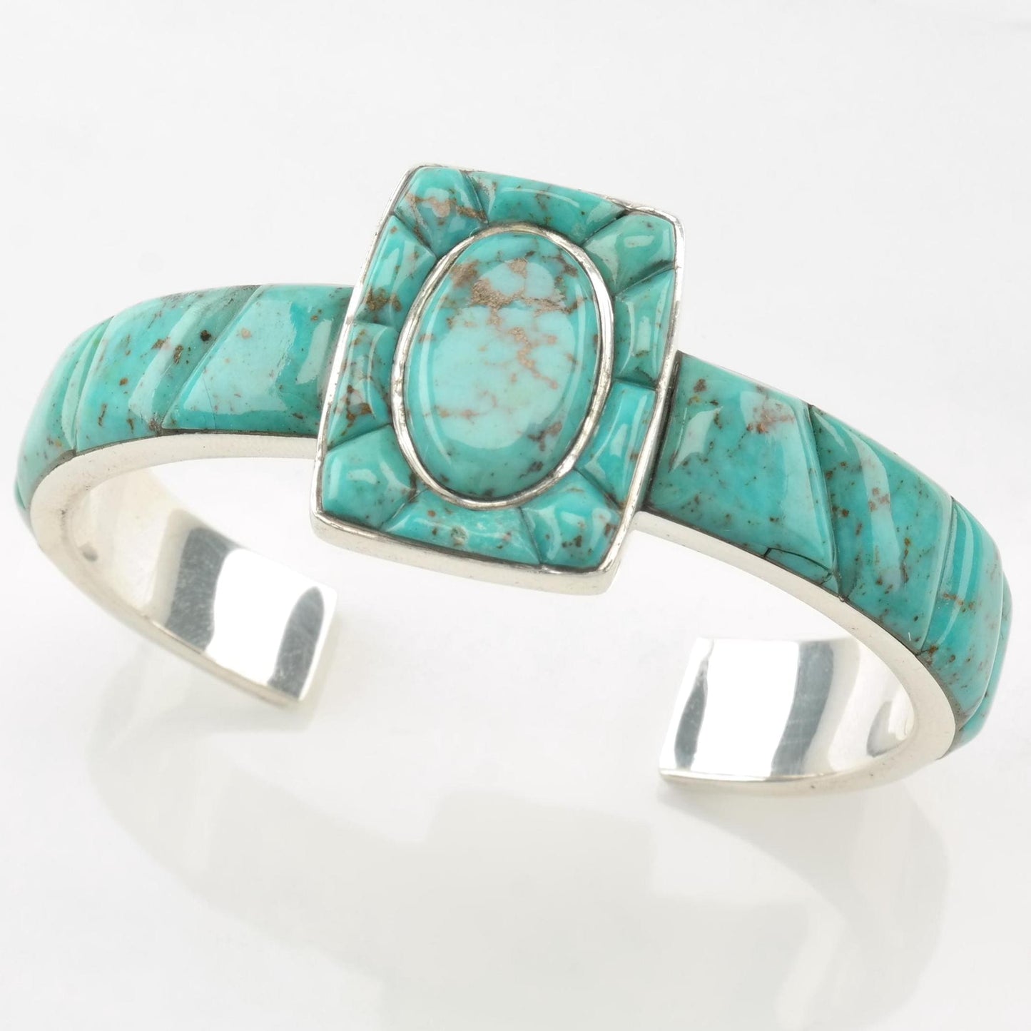 Southwest Turquoise Cobble Stone Inlay Cuff Bracelet Sterling Silver