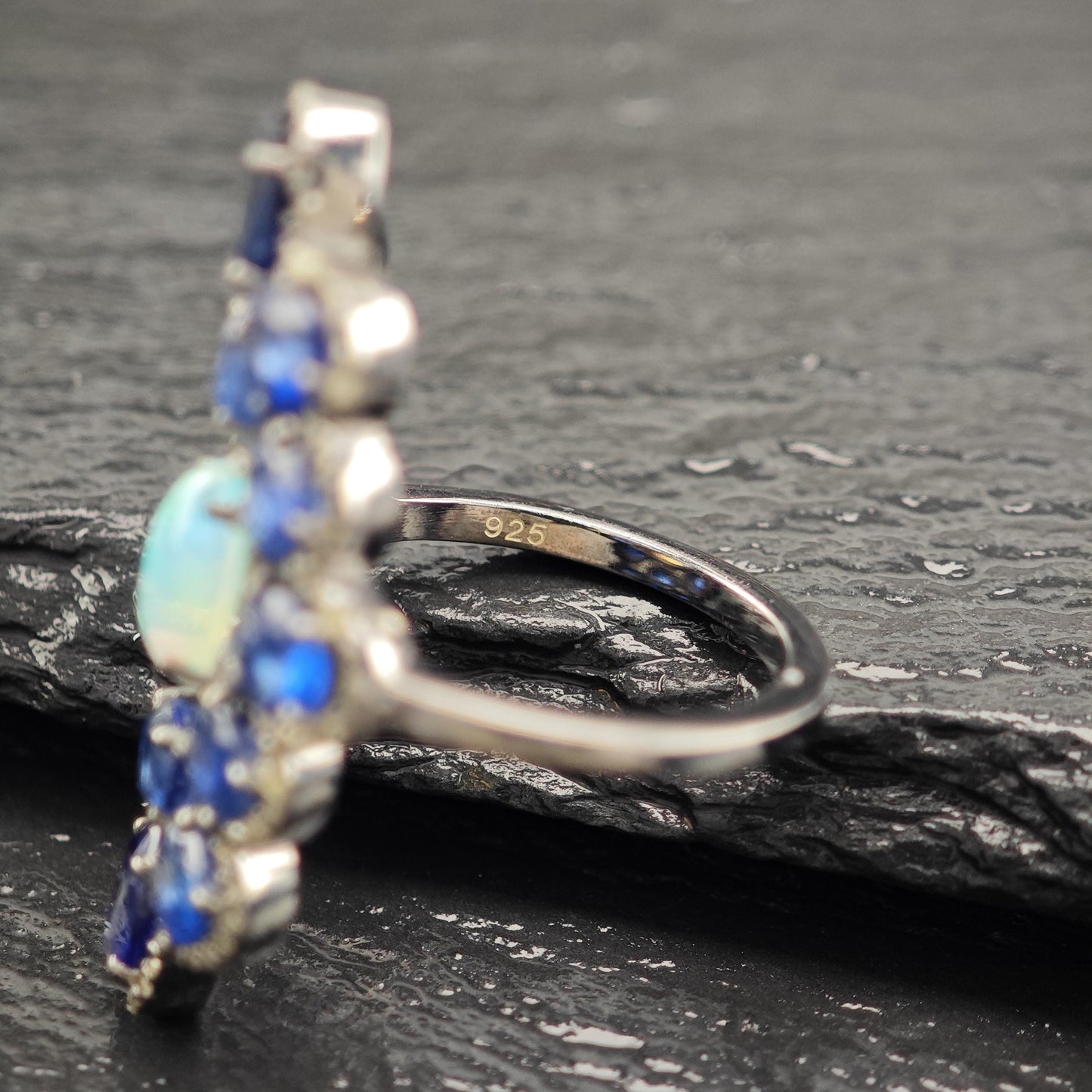 Oxidized Sterling Silver Diamond Sapphire, Opal Ring