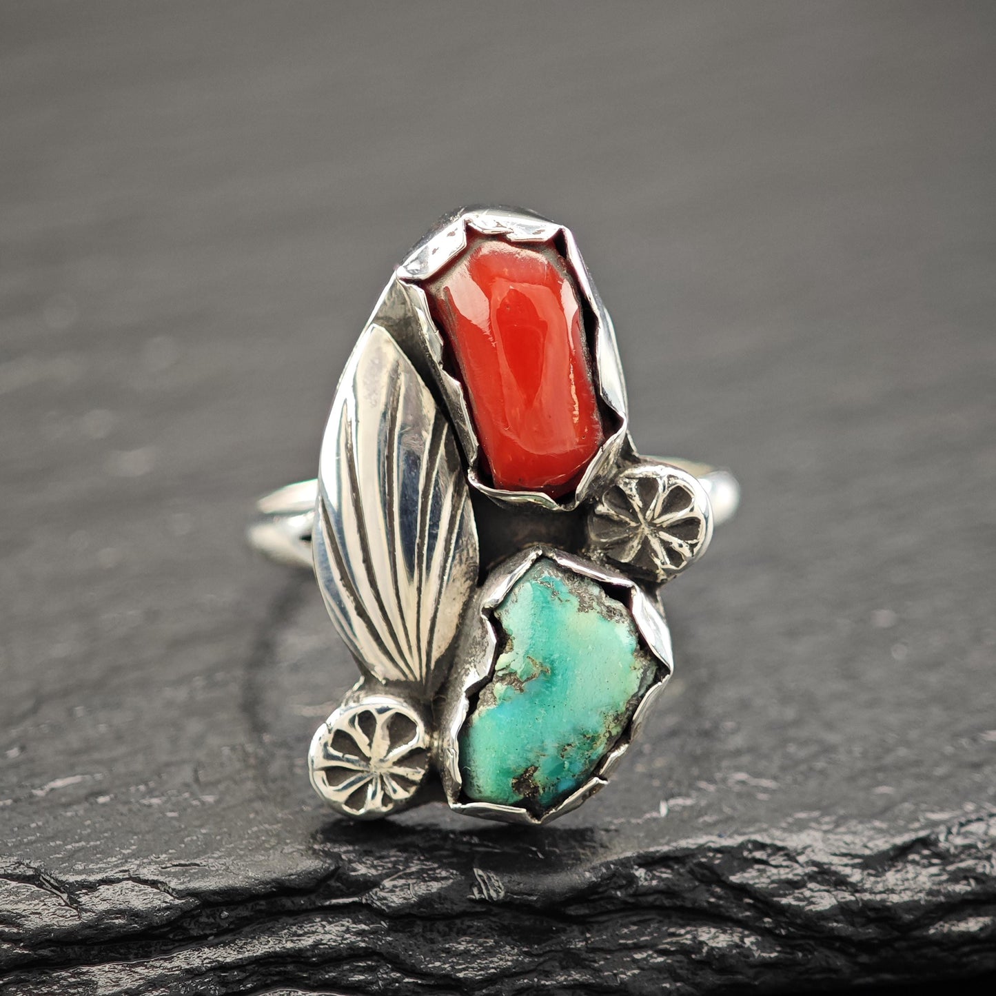 Turquoise, Coral Floral Ring Sterling Silver R5819
