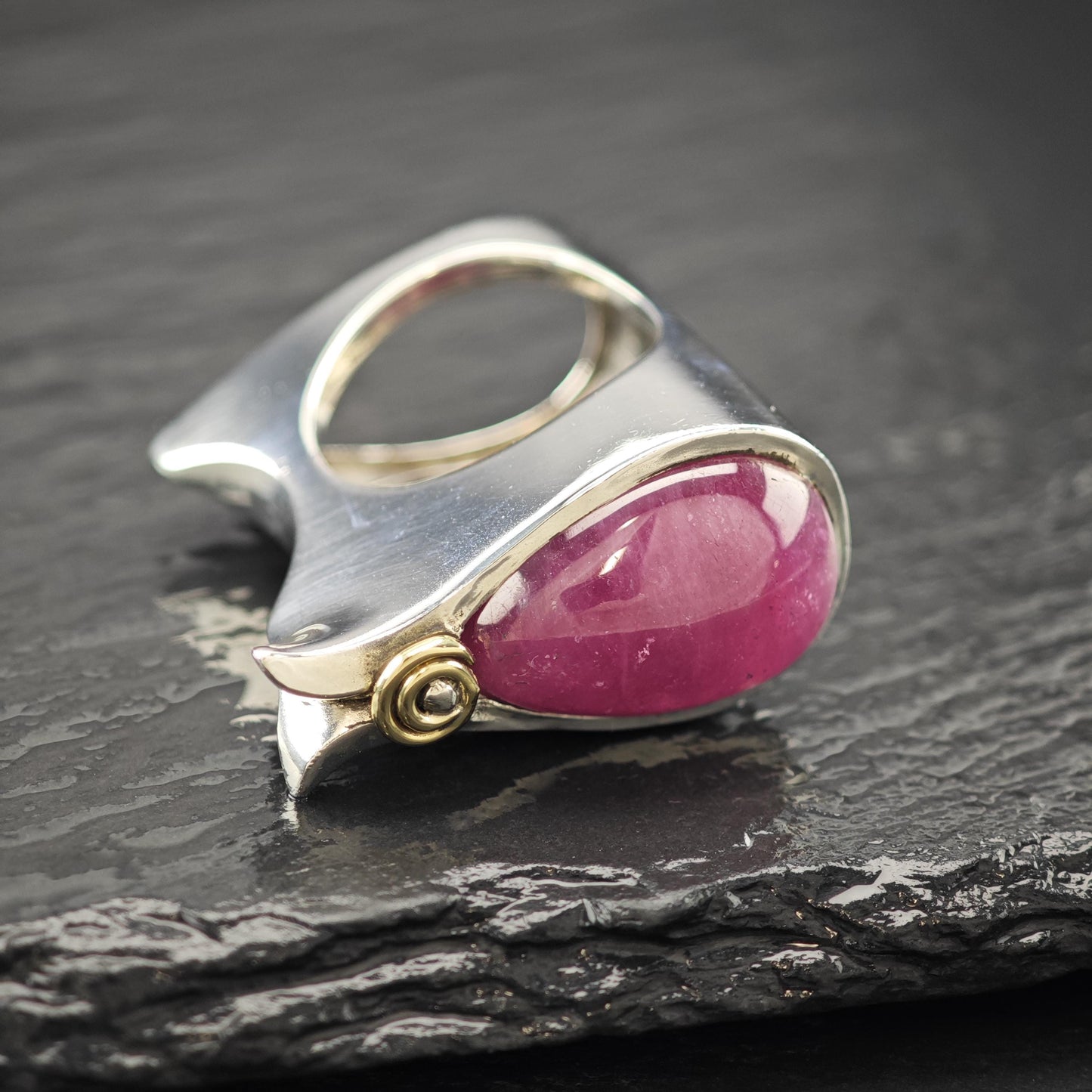 Wave Style Pink Ruby Cabochon Ring Sterling Silver Size 7 1/2