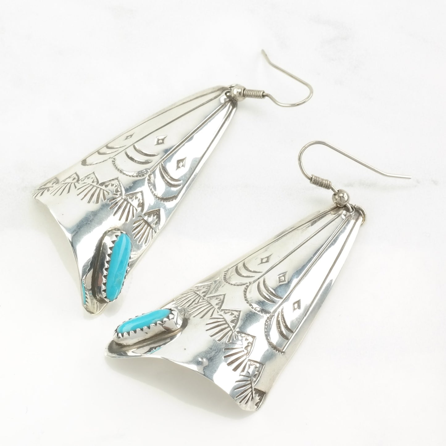 Native American Sterling Silver Blue Turquoise Stampwork Earrings Fish Hook, Dangle