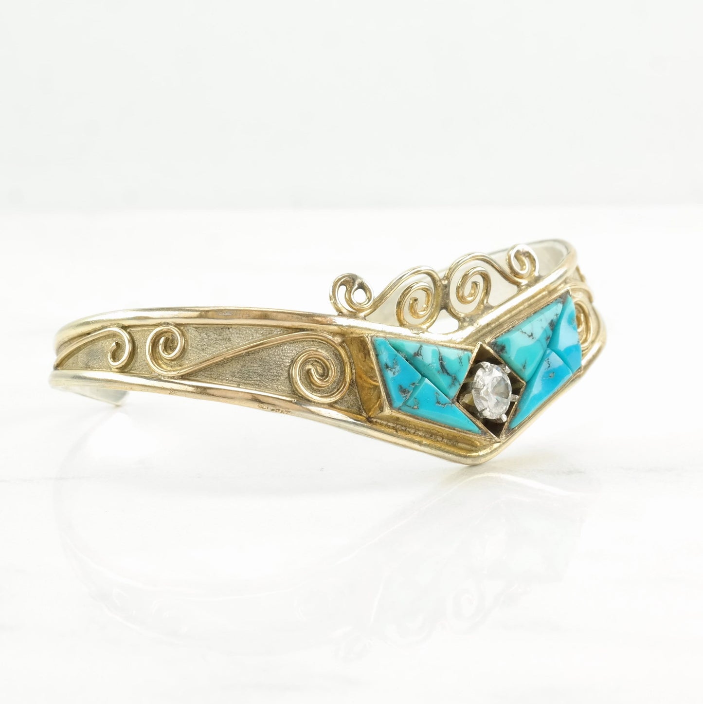 Native American Sterling Silver Cuff Bracelet Blue Turquoise, White Gemstone 12K Gold Filled