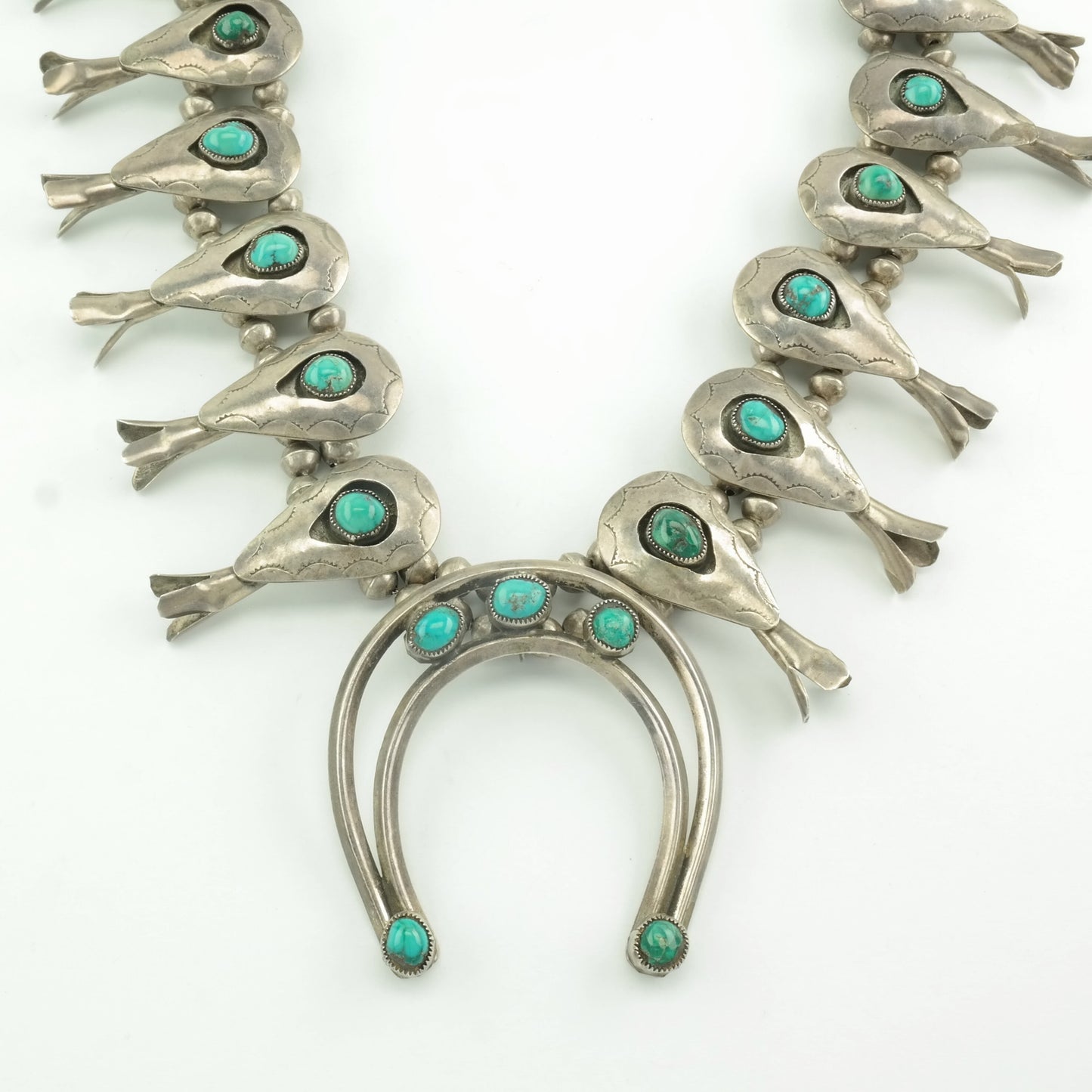 Native American Sterling Silver Turquoise Shadowbox, Stamped Necklace Squash Blossom