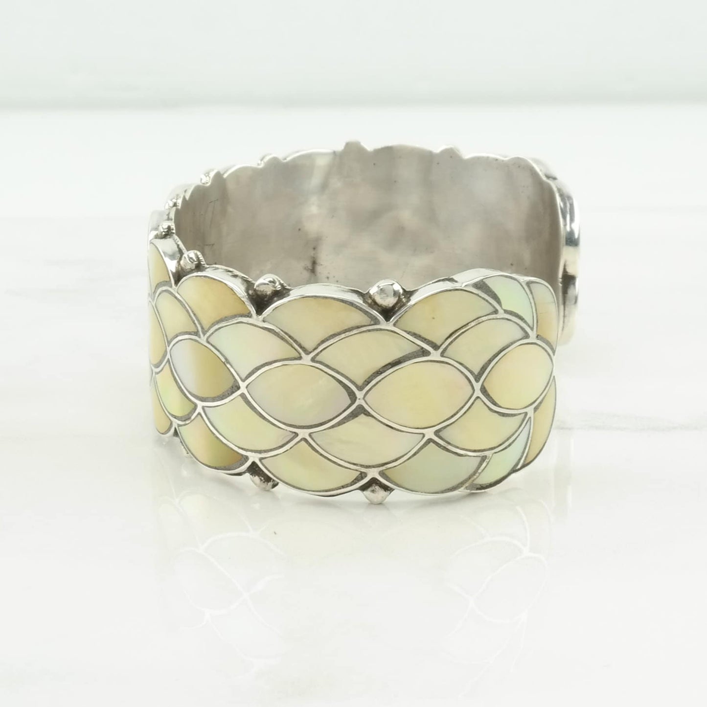 Zuni Sterling Silver Cuff Bracelet MOP Inlay, Fishscale