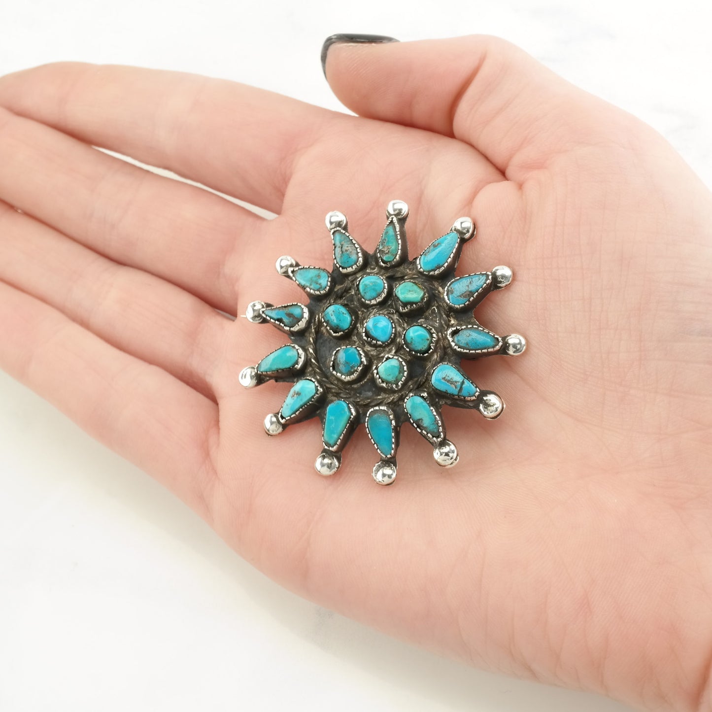 Vintage Native American Sterling Silver Brooch Star Blue Turquoise