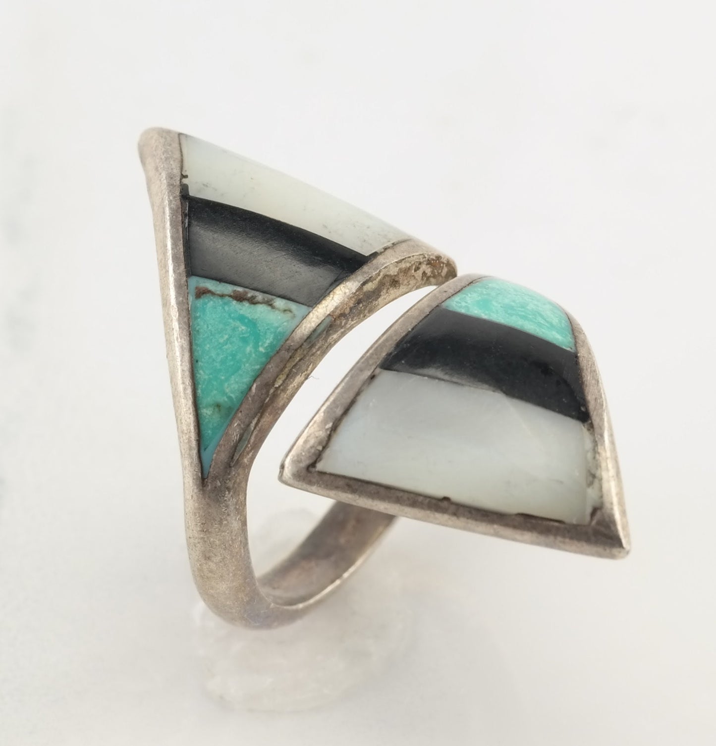 Southwest Silver Ring Turquoise, MOP, Jet Oval Sterling Size 8 3/4