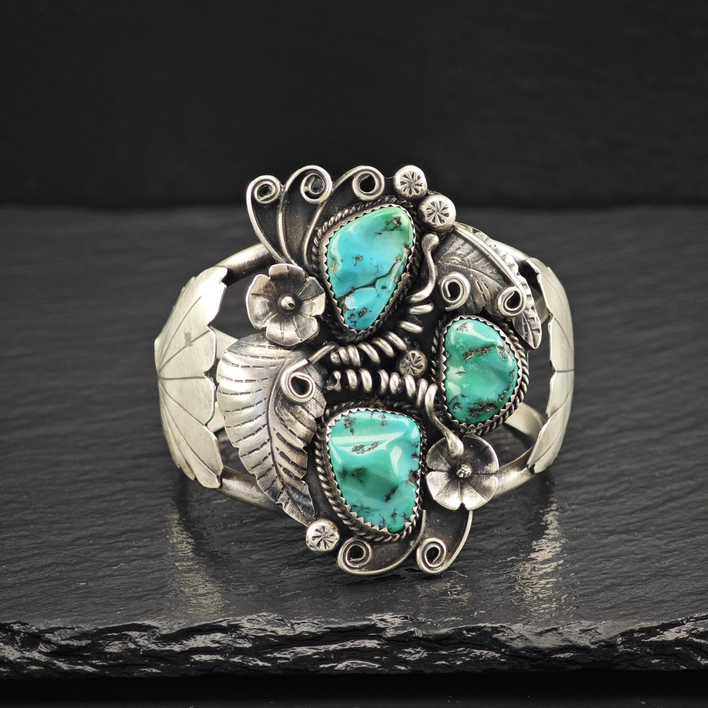 Native American Blue Turquoise Floral Cuff Bracelet Sterling Silver