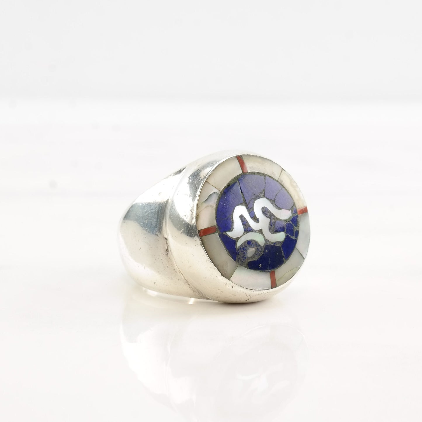 Middle Eastern Silver Ring MOP Lapis Coral Inlay Sterling Size 7 3/4