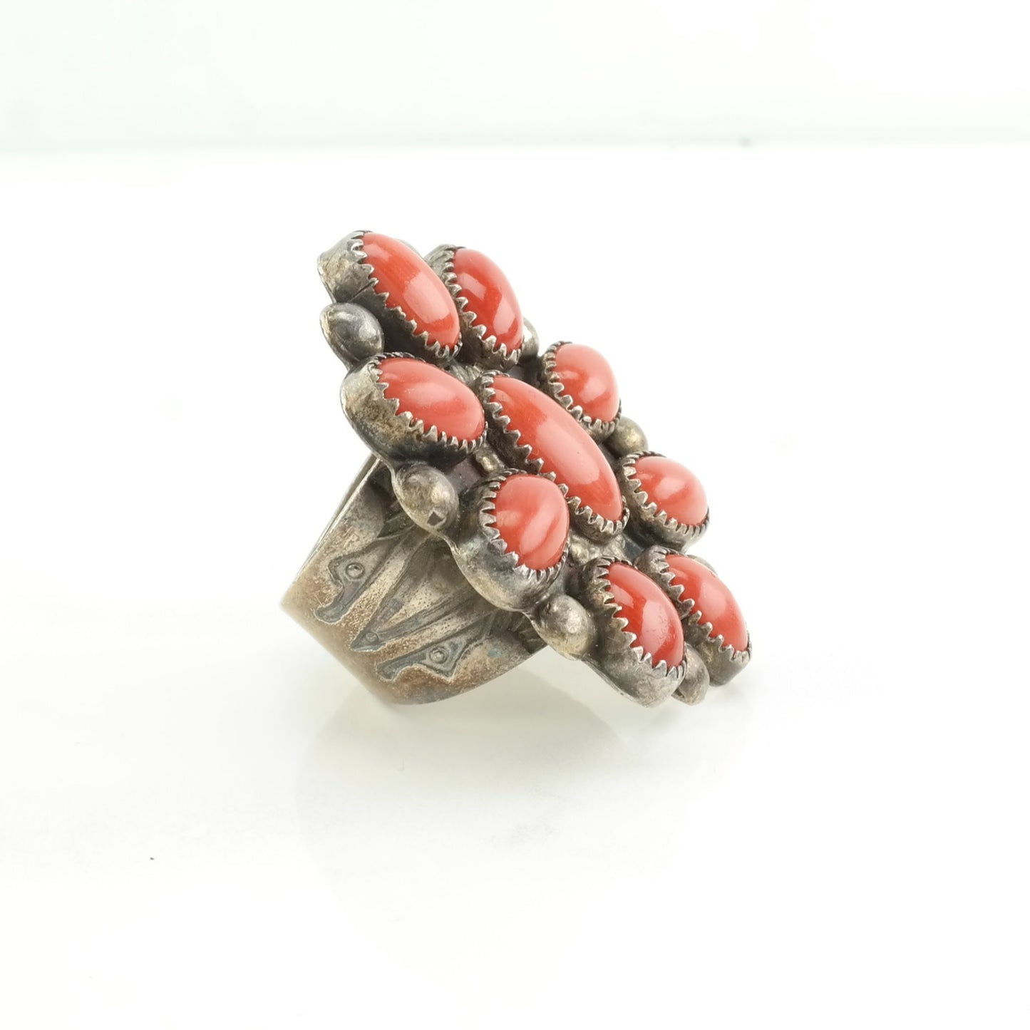 Native American Silver Ring Coral Floral Sterling Red Size 9 1/4