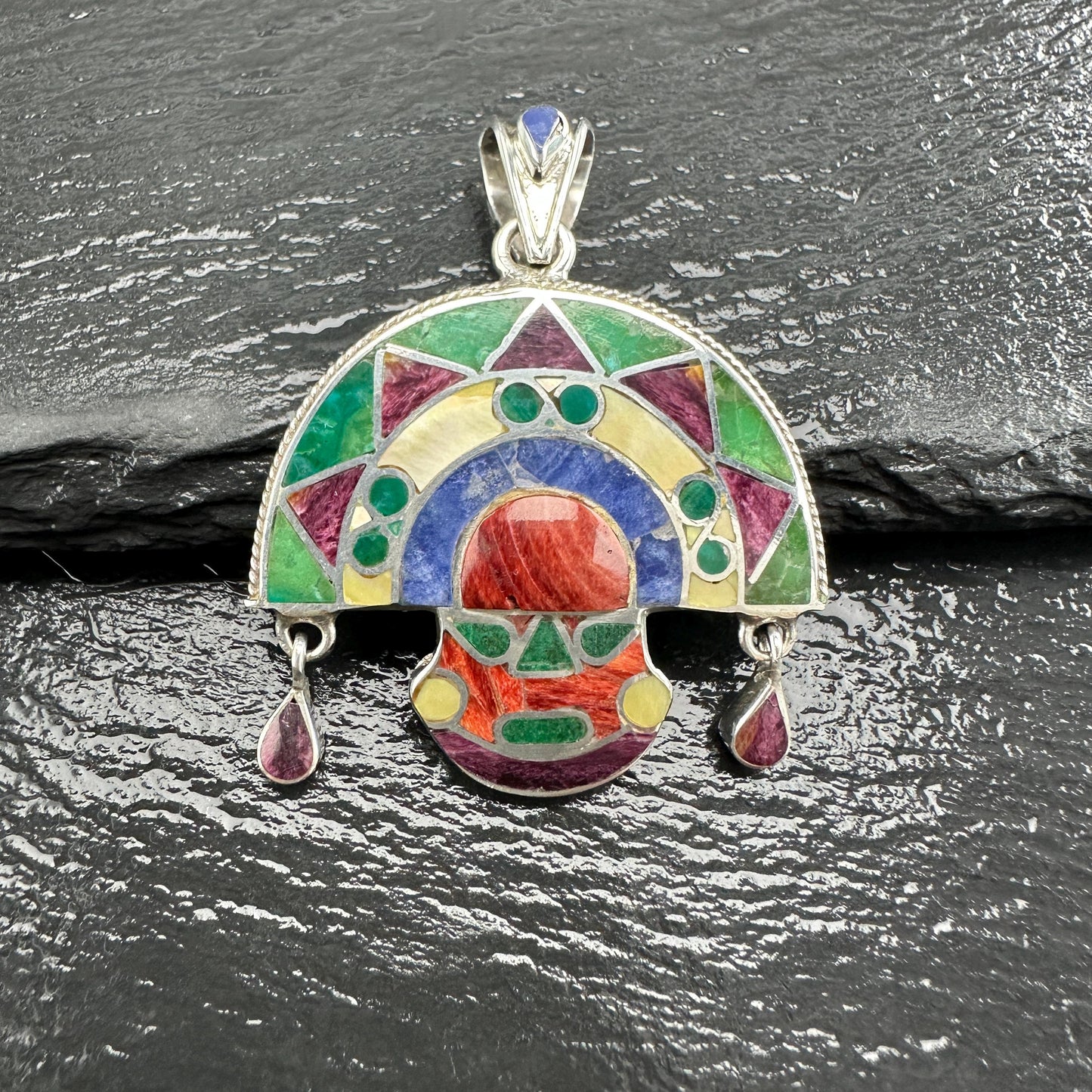 Vintage Gemstone Inlay Tumi Pendant Sterling Silver