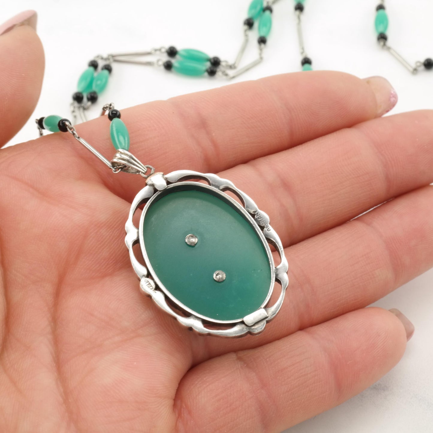 Art Deco Chrysoprase, Onyx, Marcasite Sterling Silver Necklace N2375