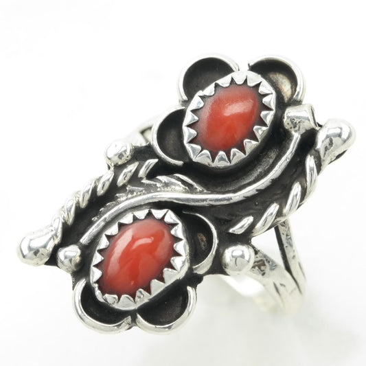 Vintage Southwest Silver Ring Coral Floral, Shadow Box Sterling Red Size 5