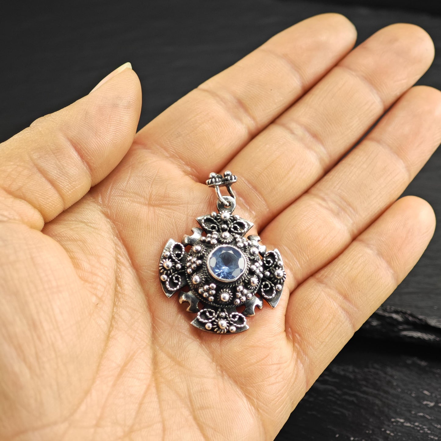 Topaz Jerusalem Cross Pendant Sterling Silver P3079