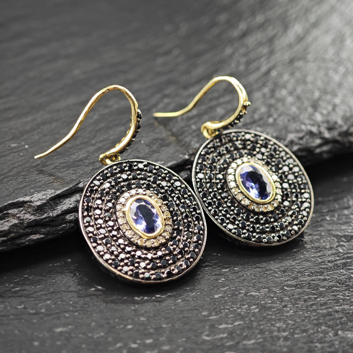 MLD Black, blue, Gold Tanzanite, Diamond, Spinel Pave Sterling Silver Dangle Earrings