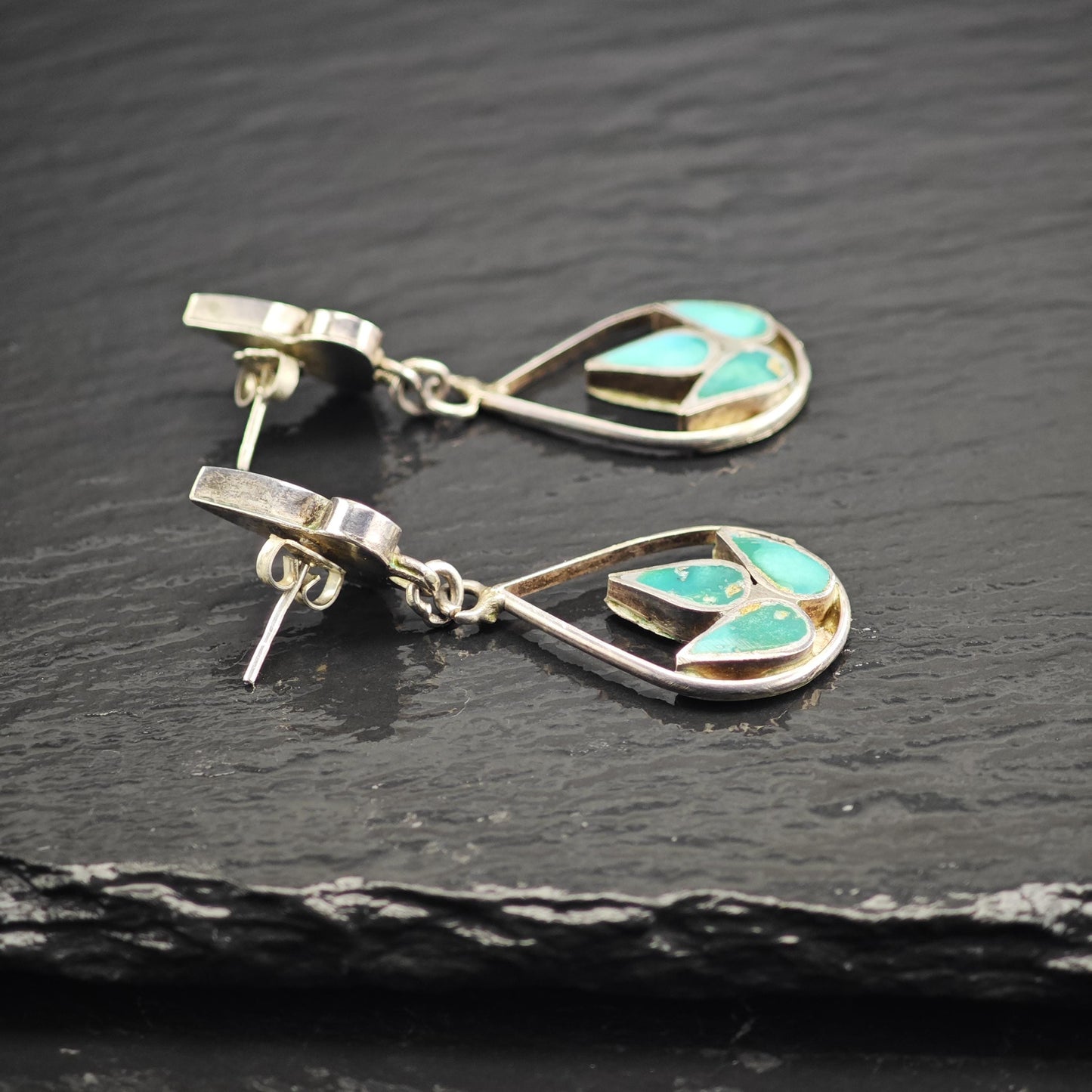 Vintage Zuni, Native American Turquoise Inlay Stud Sterling Silver Earrings ER3172