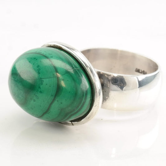 Vintage Modernist Silver Ring Malachite Sterling Size 7 3/4