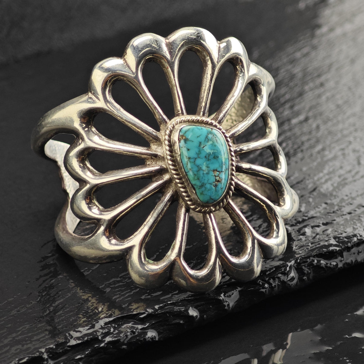 Vintage Native American Turquoise Sand Cast Flower Sterling Silver Cuff Sz 5 3/4" BR3127