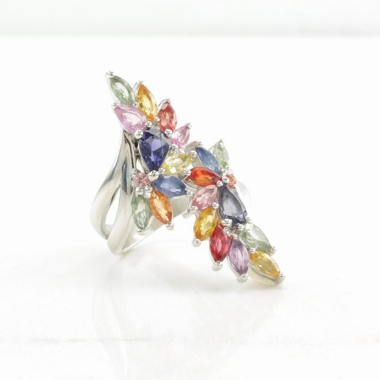 Sterling Silver Ring Rainbow Sapphire, Tanzanite Cocktail Multi Color Size 7