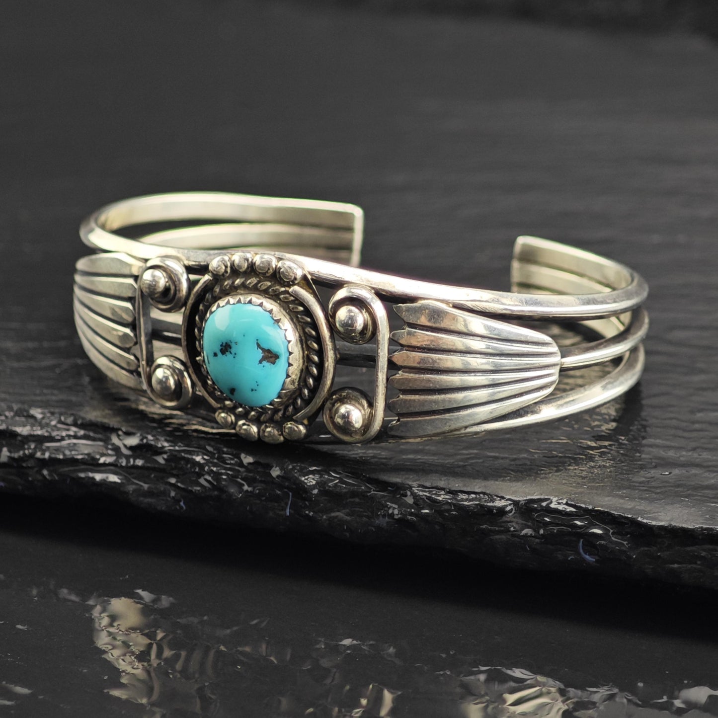 Vintage Navajo, Turquoise Detailed Sterling Silver Cuff Sz 6" BR3132