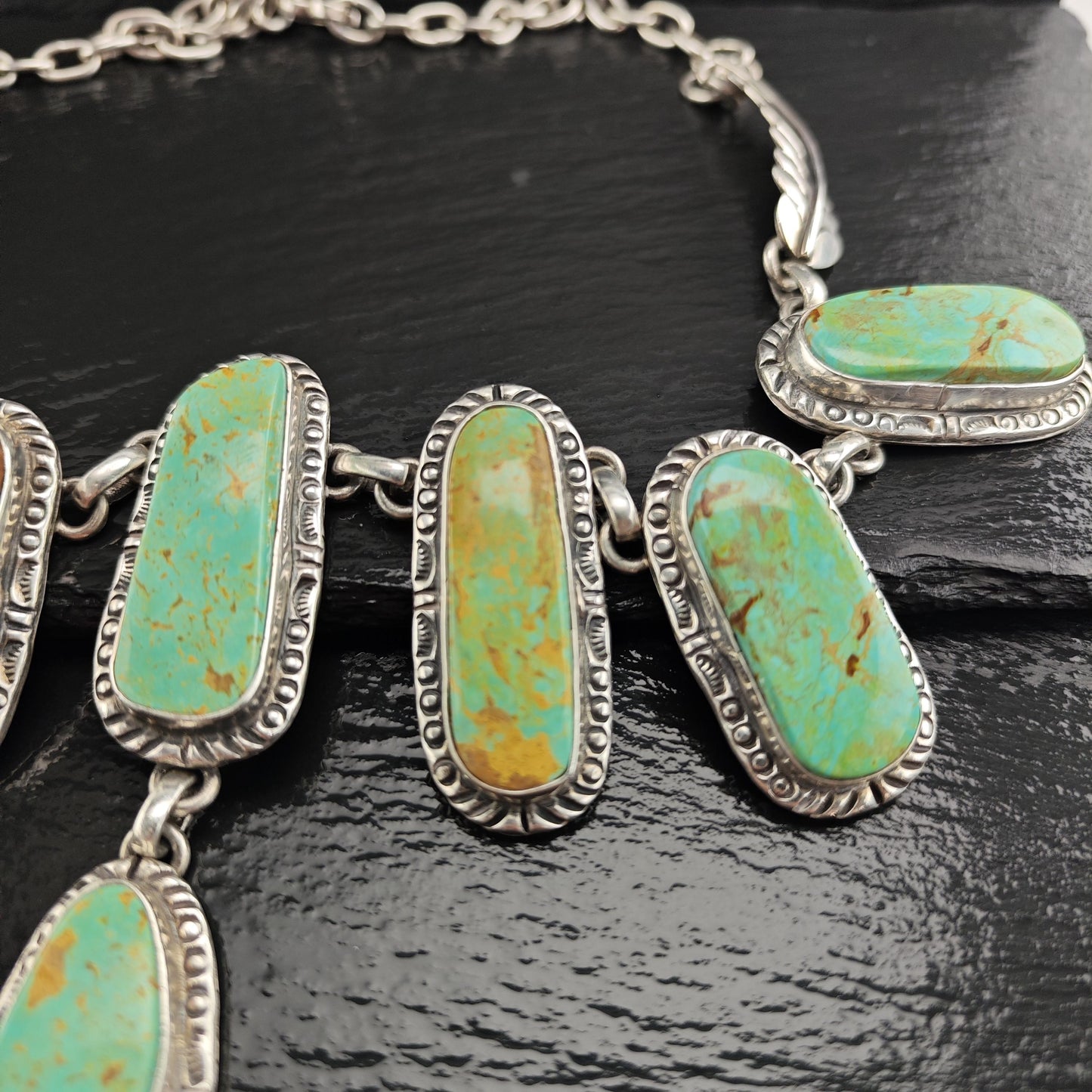Vintage Navajo Green Kingman Turquoise Lariat Sterling Silver Necklace N2724