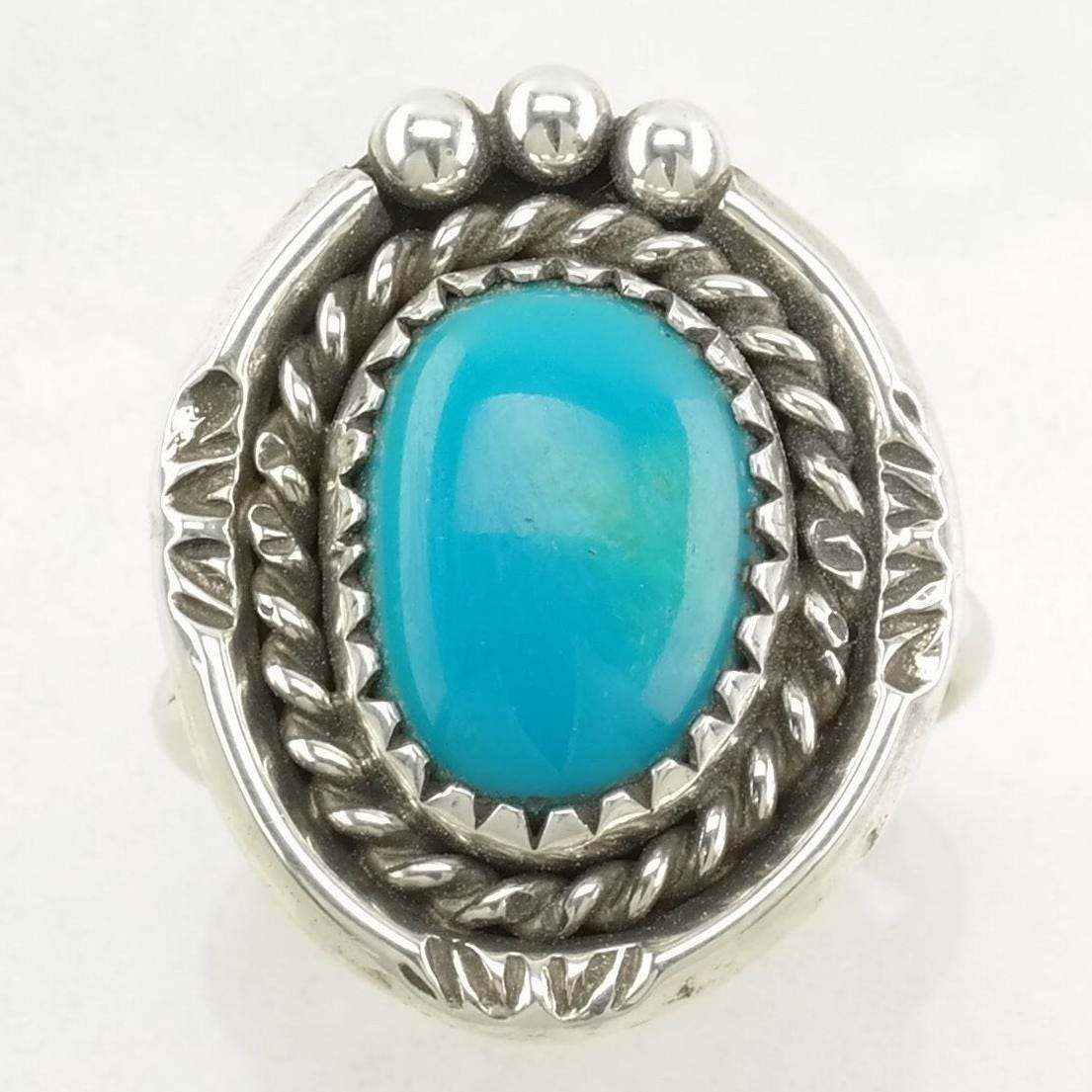 Vintage Native American Sterling Silver Ring, Turquoise Stamped Blue Size 7 1/2