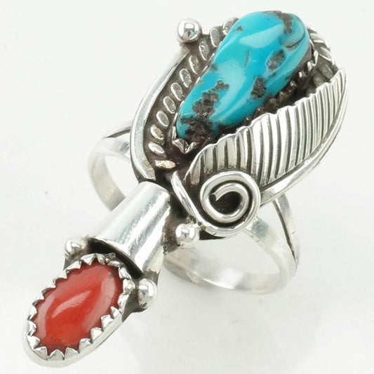 Vintage Native American Silver Ring Turquoise, Coral Leaf Sterling Blue, Red Size 7 3/4