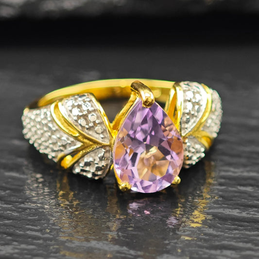 Amethyst Teardrop 14K Gold Plated Ring Sterling Silver Sz 6 1/4 R6158