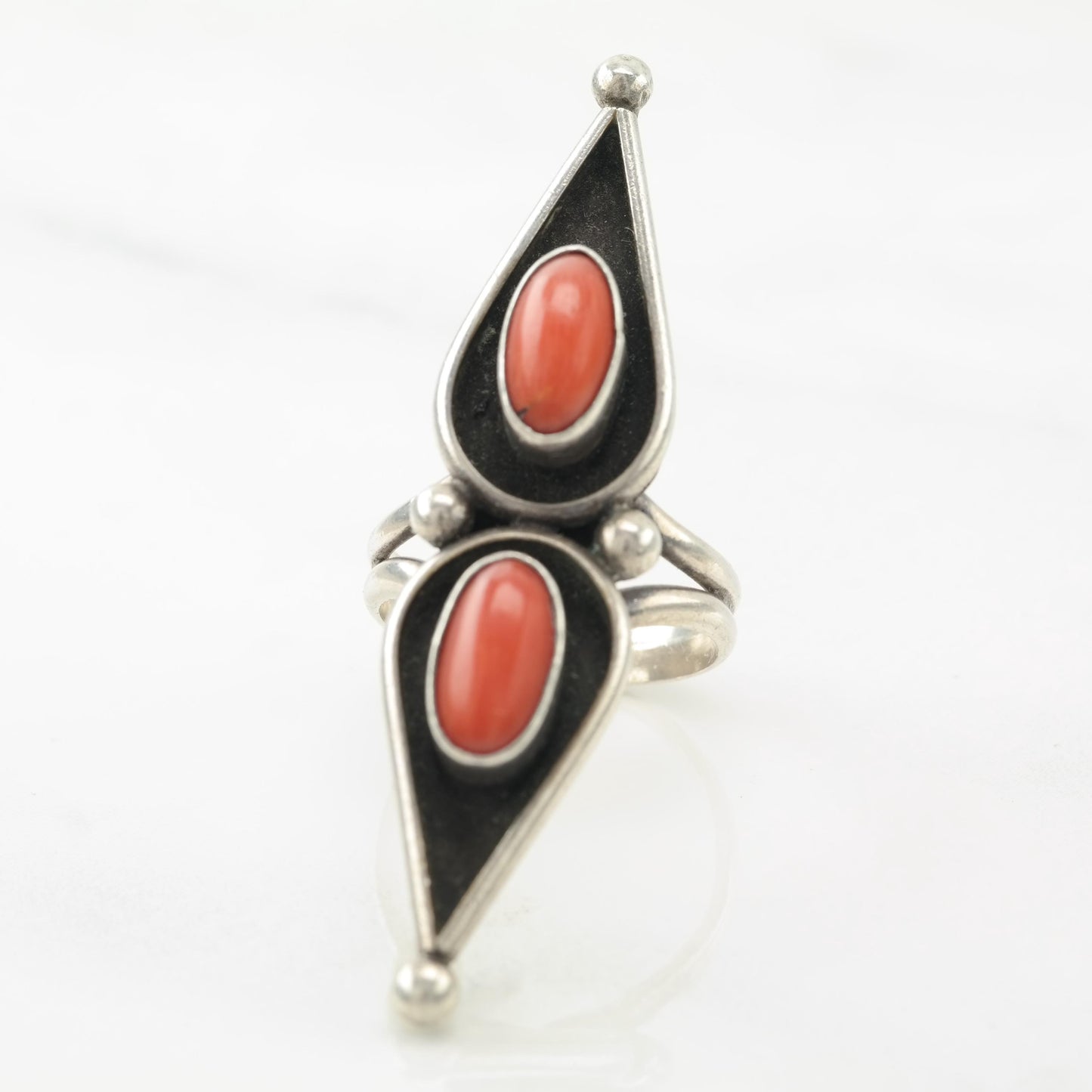 Native Red Coral, Shadow Box, Long Sterling Silver Ring Sz5 3/4 R5574