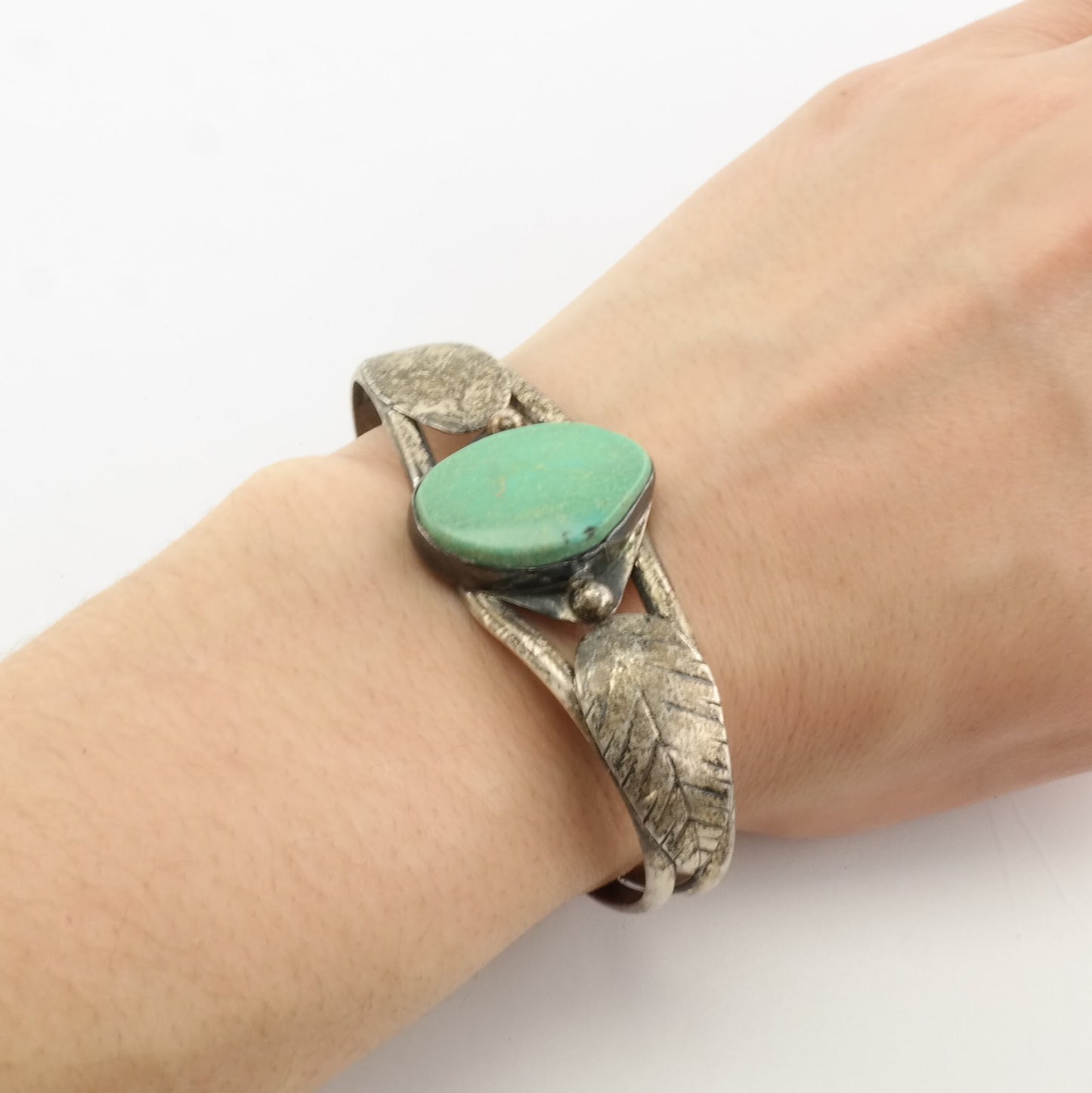 Native American Sterling Silver Cuff Bracelet Turquoise, Leaf, Feather