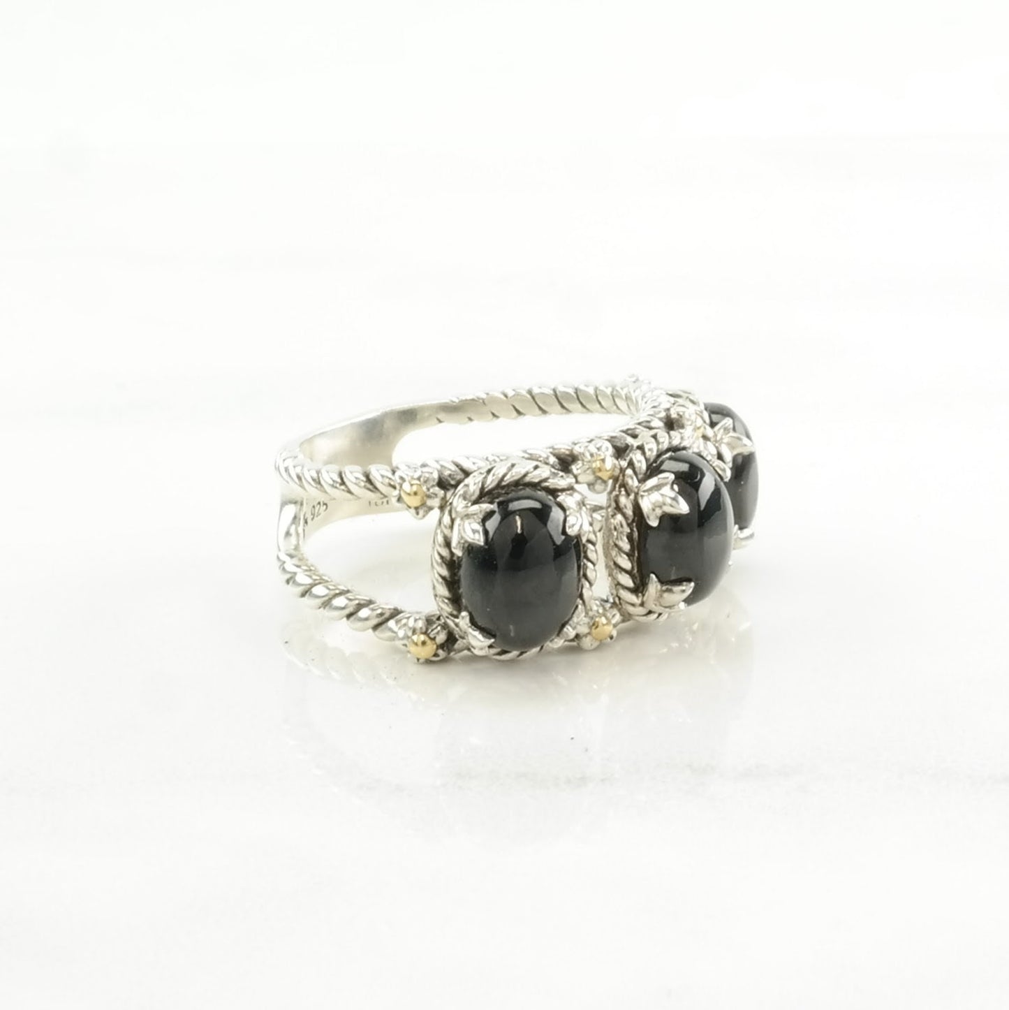 Designer Silver Ring Onyx Three Stone, 18k Gold Accent Sterling Black Size 7 1/4