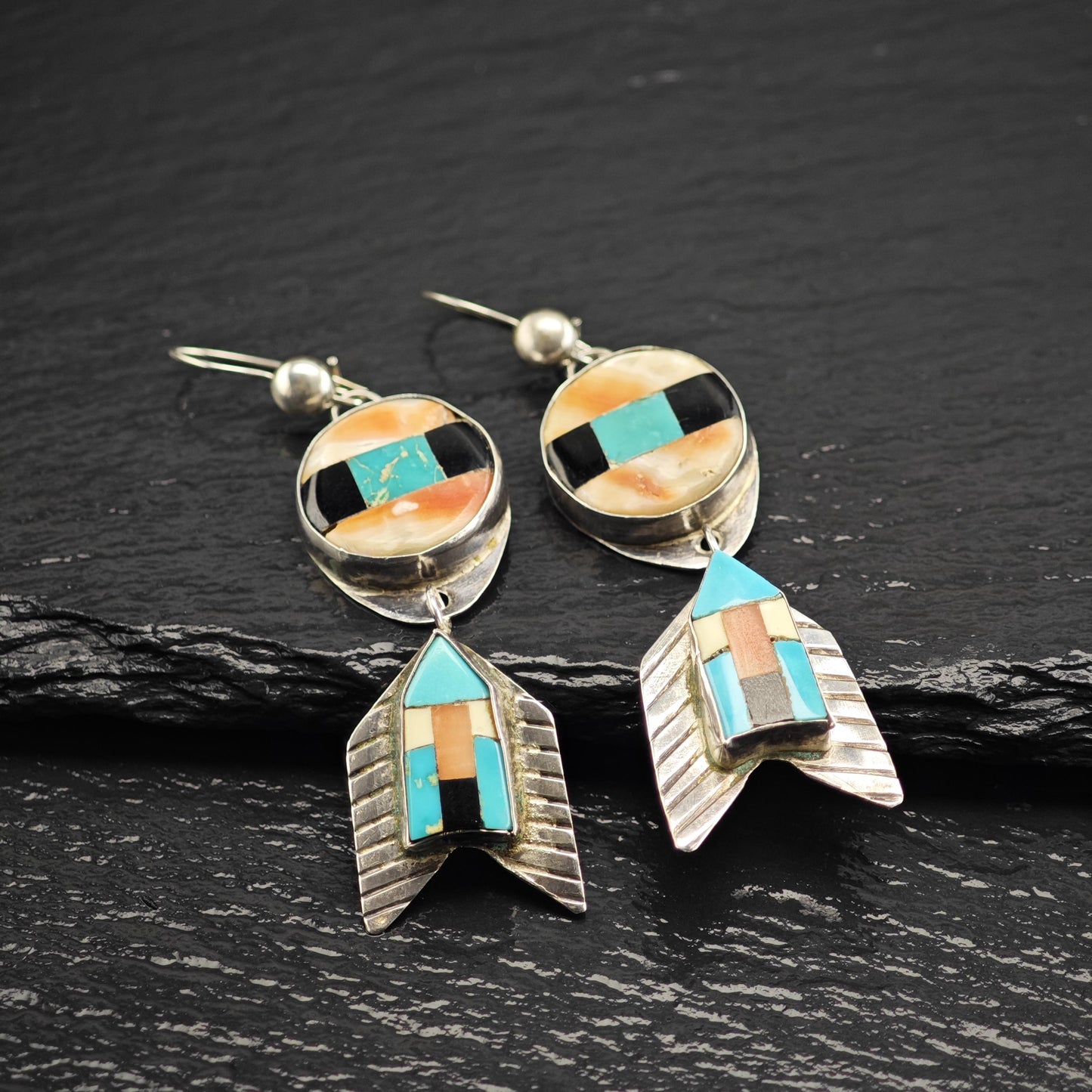 Vintage SW Style Inlay Arrowhead Kidney Wire Sterling Silver Earrings ER3198