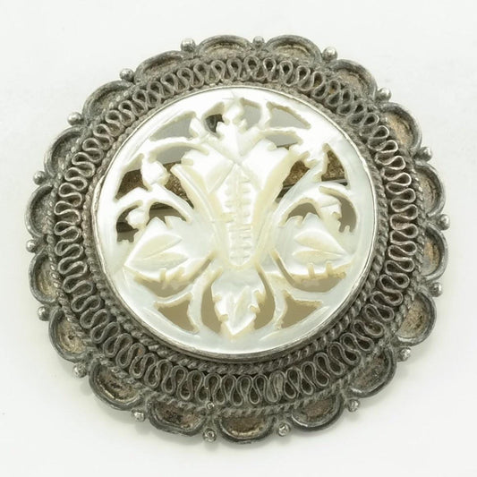 Vintage MOP Carved, Flower Sterling Silver Pendant