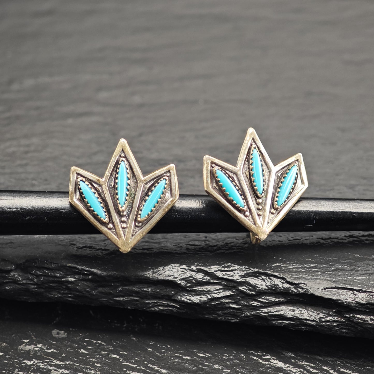 SW Needle Point Block Turquoise Screw Back Sterling Silver Earrings ER3187