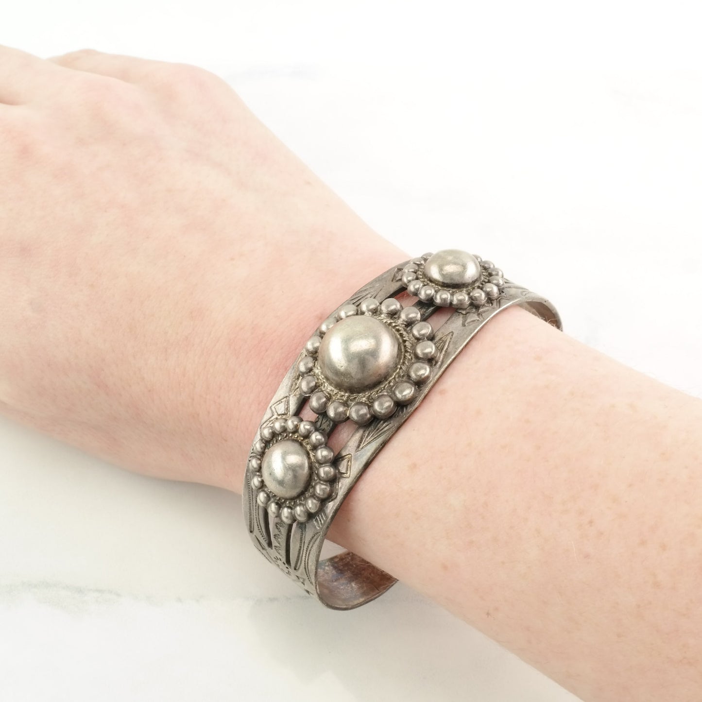 Fred Harvey Era Sterling Silver Cuff Bracelet Floral