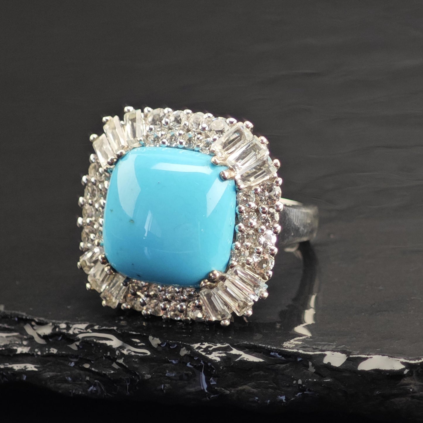 Square Turquoise Topaz Princess Diana Sterling Silver Ring Sz 7 R6735