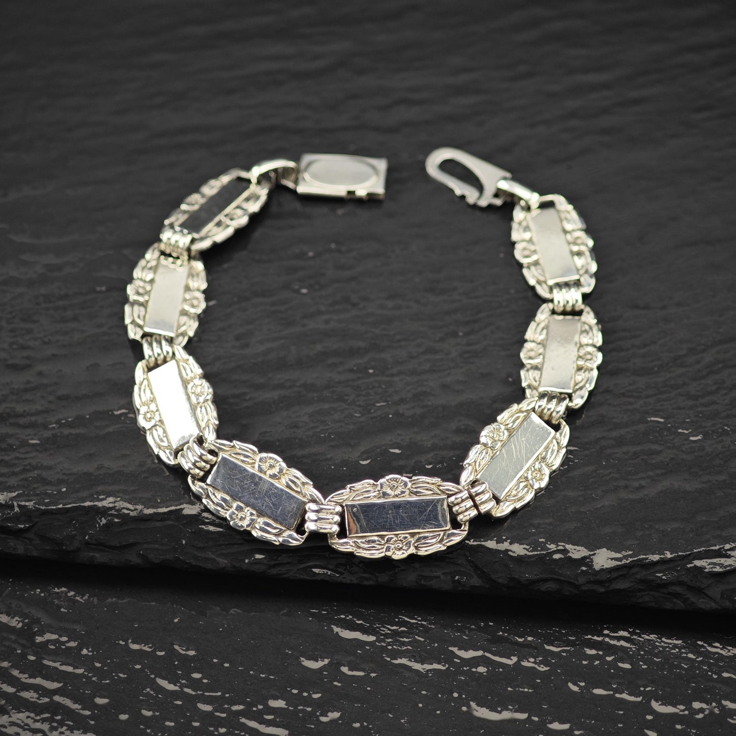 WWII Forget Me Not Link Bracelet Sterling Silver Size 6 3/4"