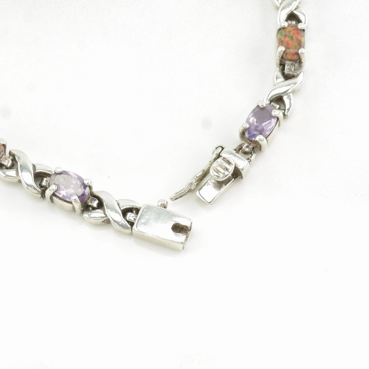 Vintage Sterling Silver Line Bracelet Black, Purple Lab Opal, Amethyst Twisted