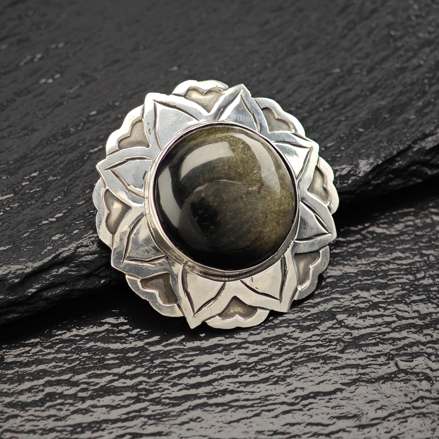 Vintage Taxco, Golden Sheen Obsidian Floral Pendant/Brooch Sterling Silver